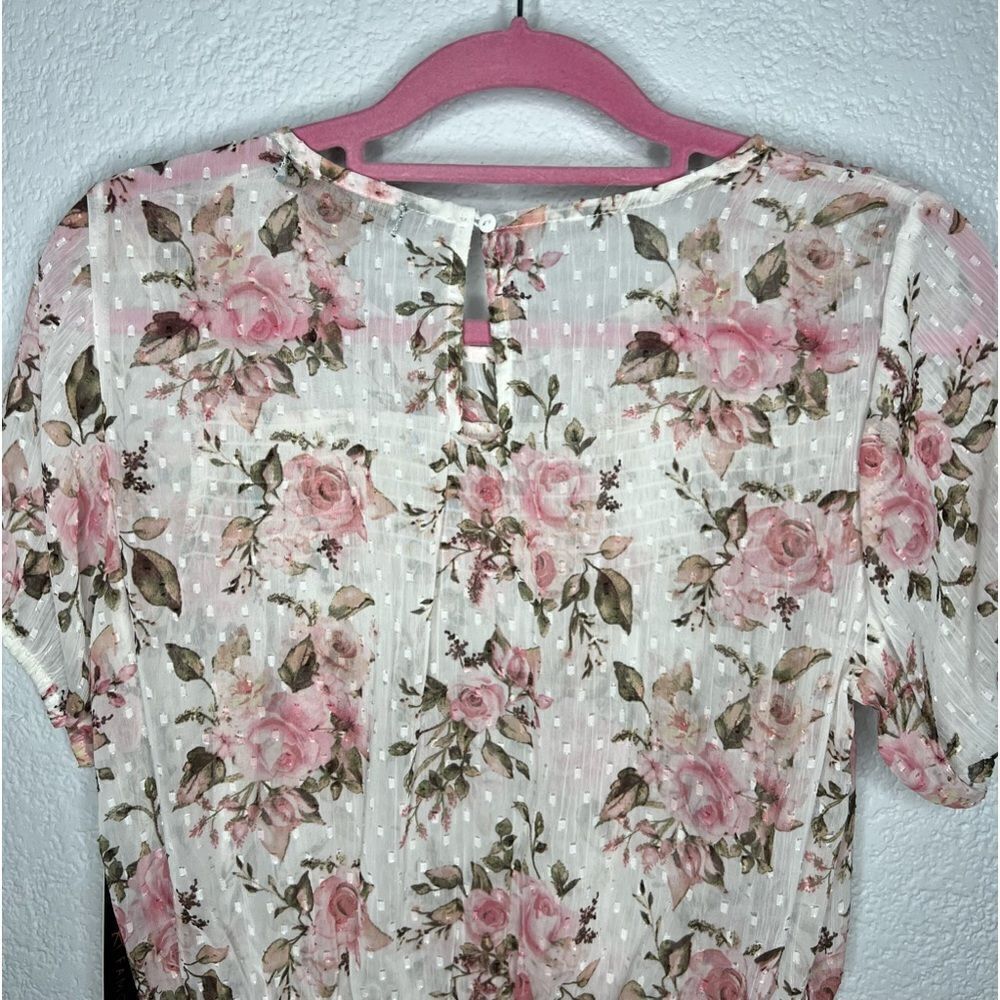 New Almost Famous White Floral Print Gossy Short Sleeve Cottagecore Blouse Sz S - Picture 6 of 11